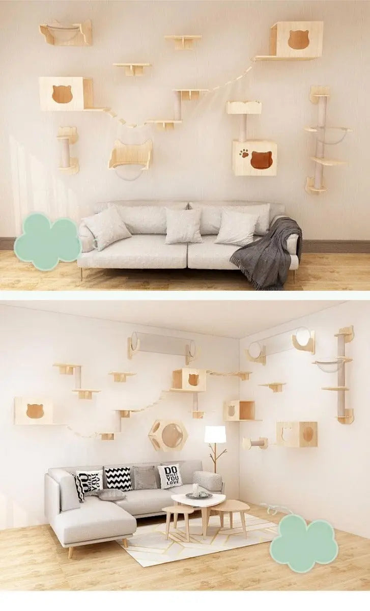 Katten klimwand | 2 Ladders krabpaal en 2 huisjes | Kat Klimmuur | Huisdieren | Vermaak voor katten Coolgods