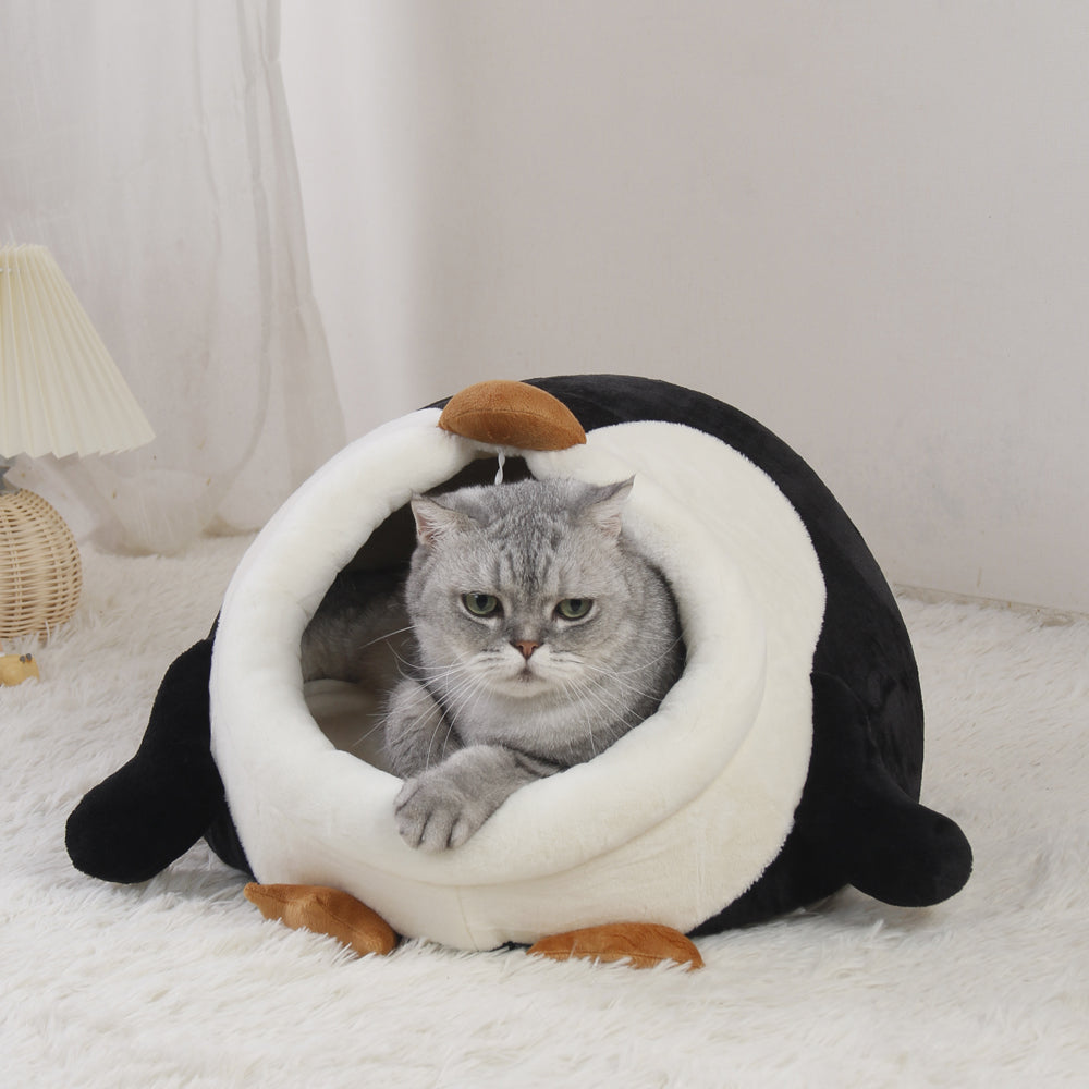 Kattenmand -  Warm - Half-ingesloten - Kussen - Schattige Pinguïn - Kleur Zwart en Wit
