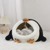 Kattenmand -  Warm - Half-ingesloten - Kussen - Schattige Pinguïn - Kleur Zwart en Wit SpirePets