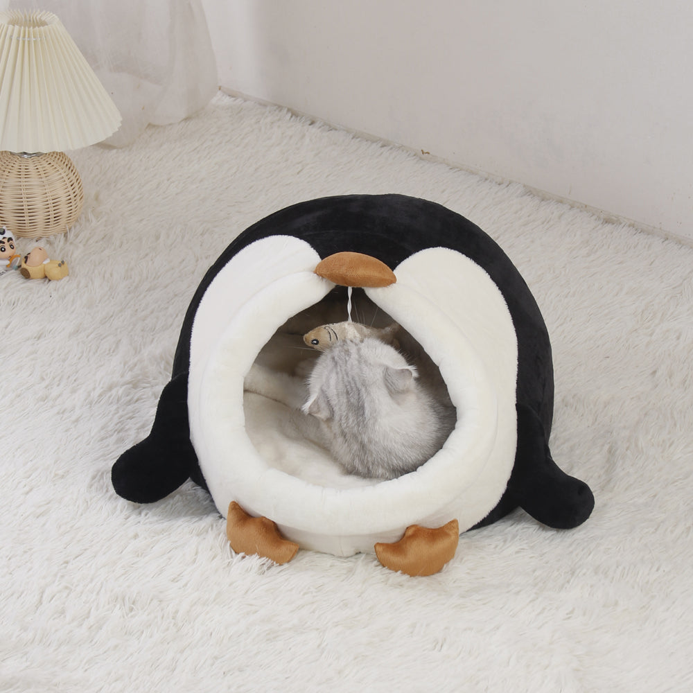 Kattenmand -  Warm - Half-ingesloten - Kussen - Schattige Pinguïn - Kleur Zwart en Wit SpirePets
